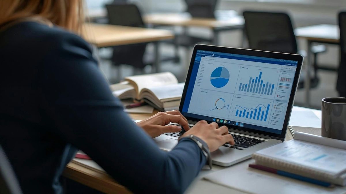 Kvinne jobber med regnskapsdiagrammer og tall på laptop