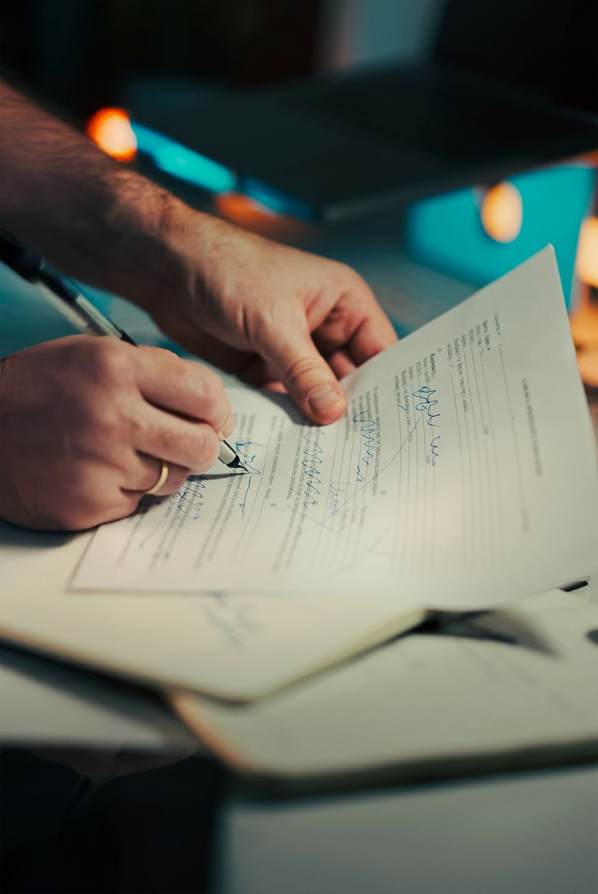 Person signerer og fyller ut et dokument med penn