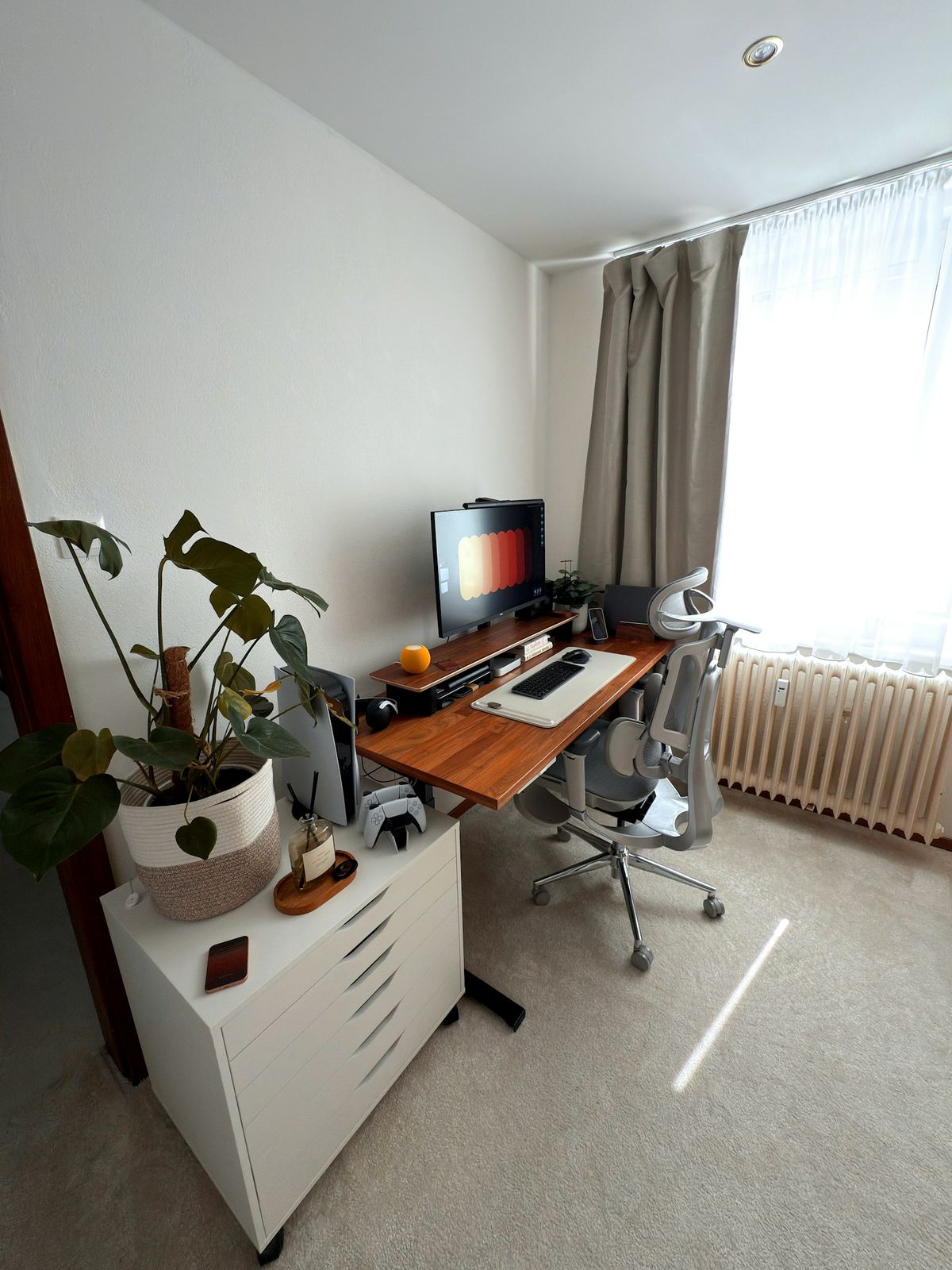 Moderne hjemmekontor med datamaskin og gronn plante
