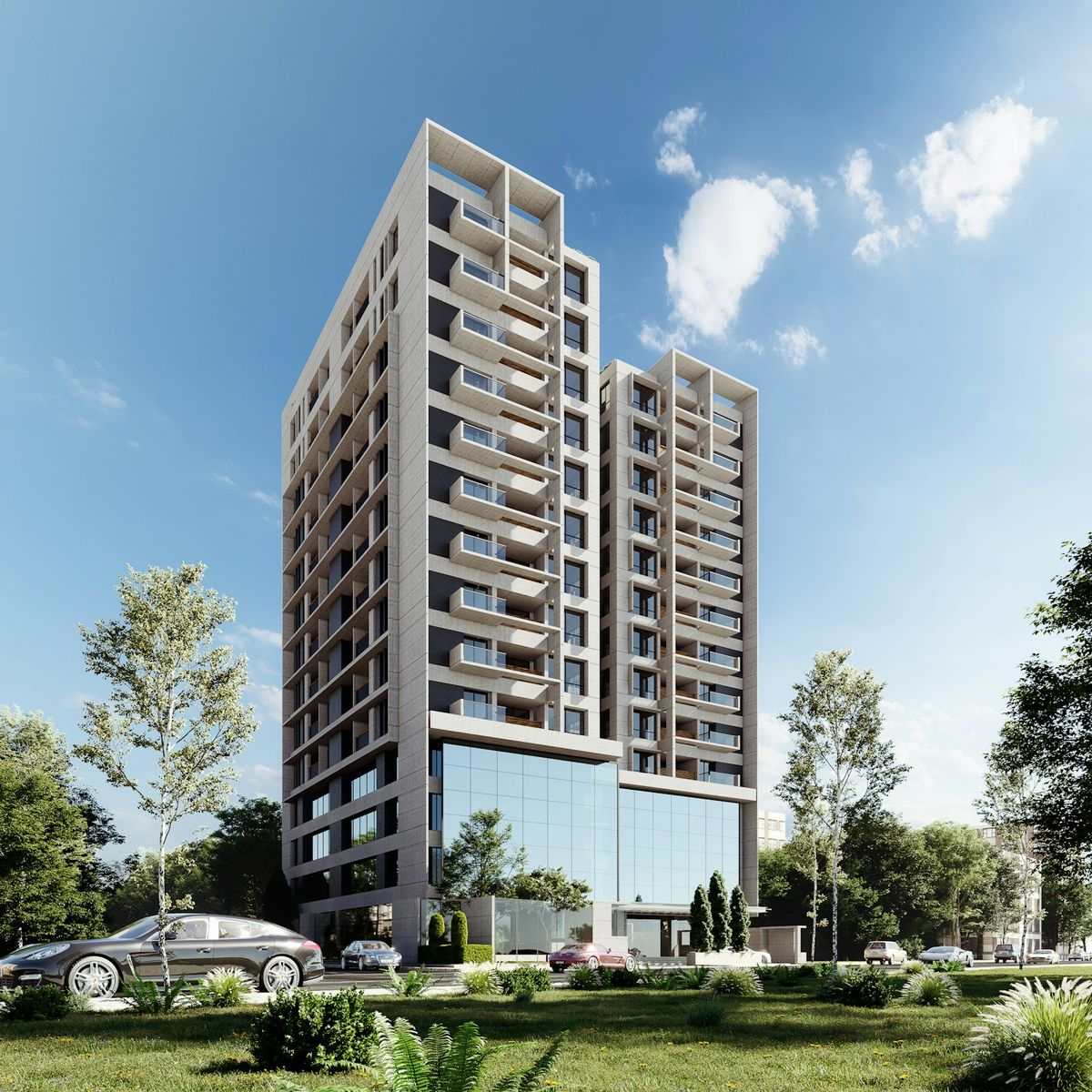 Moderne leilighetsbygg med balkonger og glassfasade
